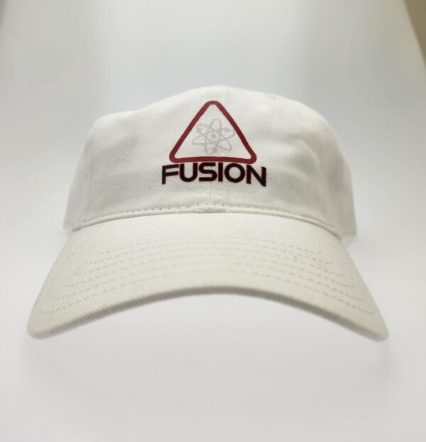 A white hat with the word fusion on it.