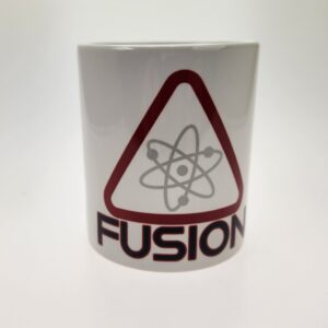 A white mug with the word fusion written on it.
