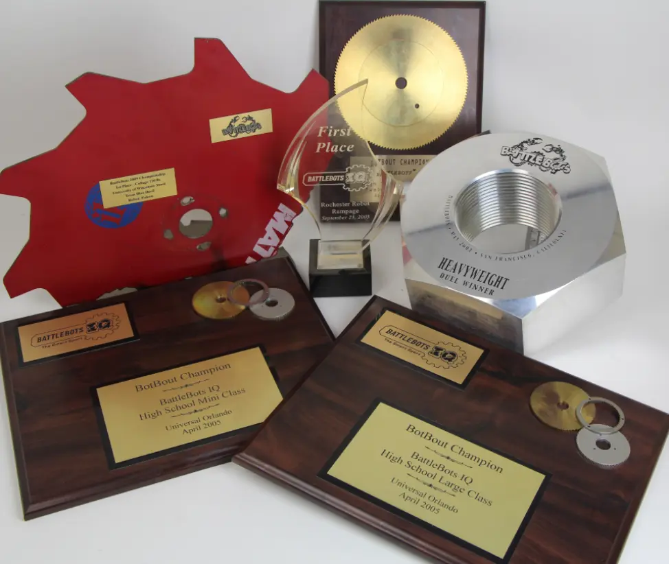A group of awards sitting on top of a table.