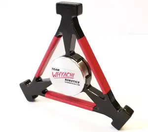 A red and black triangle tablet holder with a white logo.