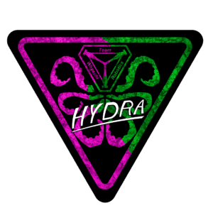 A green and purple patch with the word hydra written in it.