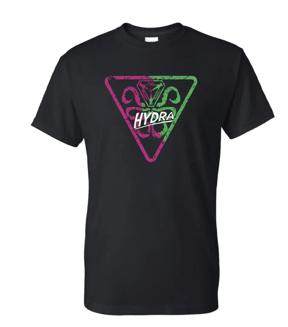 A black t-shirt with a neon logo on it.